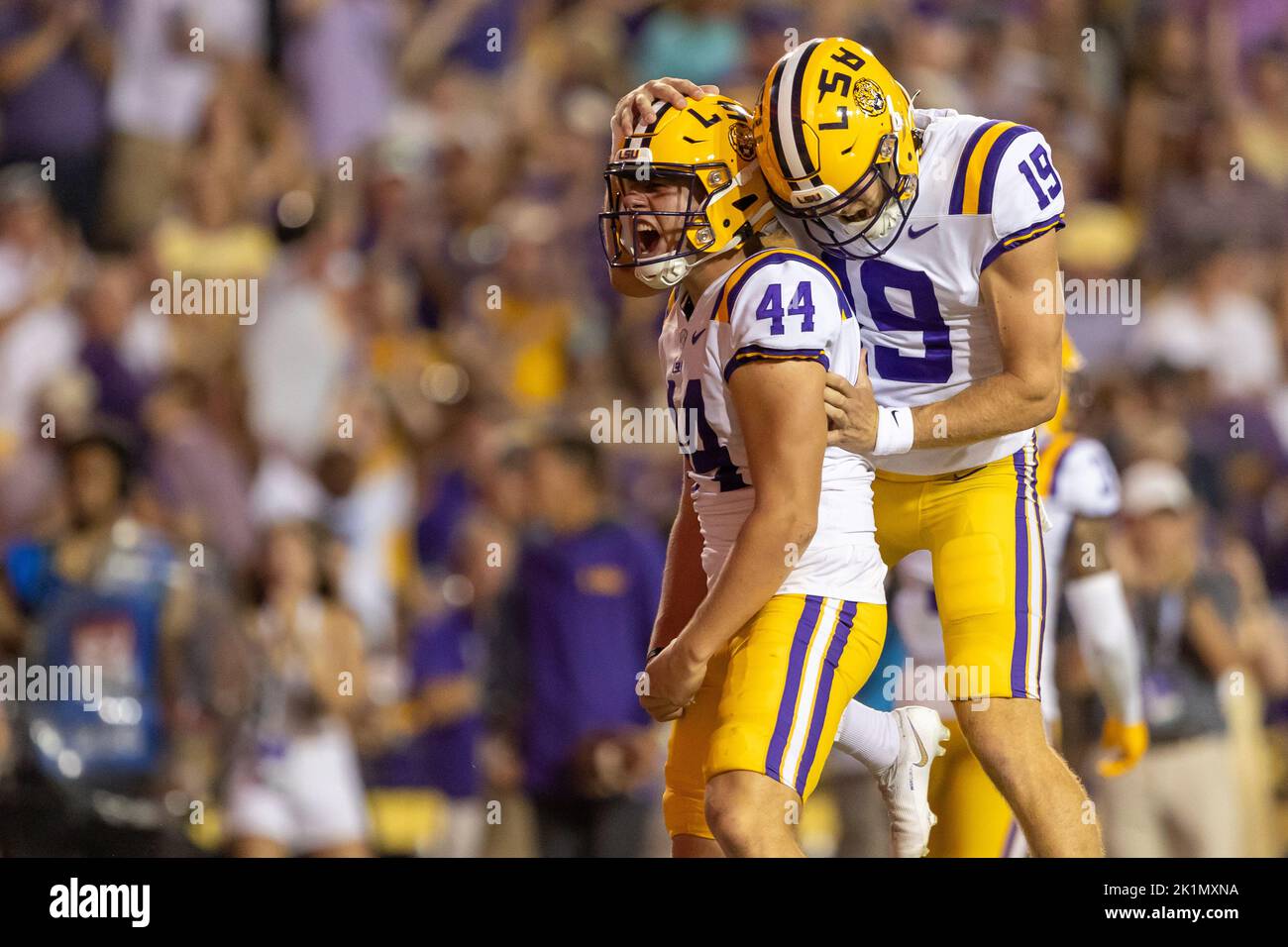 LSU Tigers long snapper Slade Roy (44) celebrates with Jordan Allen (19) after recovering a misplayed punt reception against the Mississippi State Bul Stock Photo