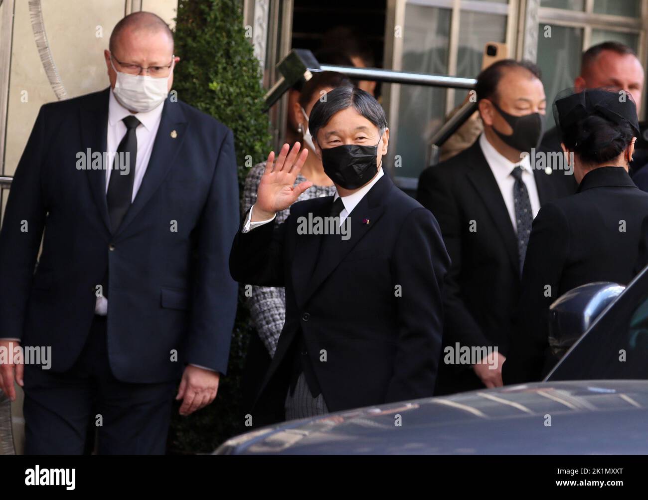 Emperor Naruhito of Japan arrives at Claridge's five star hotel in London after he attended the State Funeral of British Monarch Queen Elizabeth II. Stock Photo