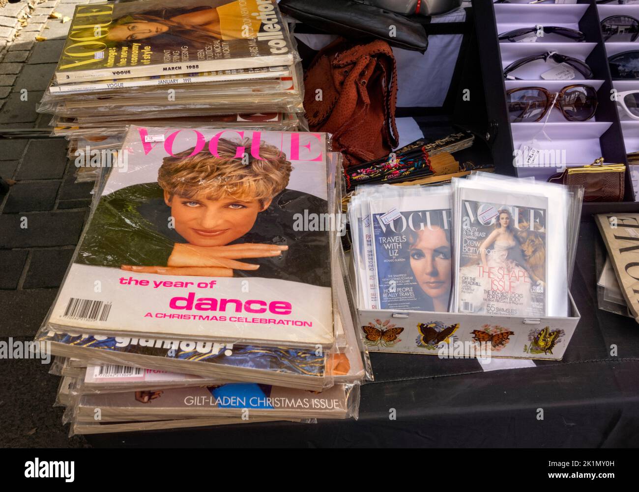 Old copies of Vogue Magazines with Princess Diana on the front, Vintage Market, St. Albans Hertfordshire Stock Photo