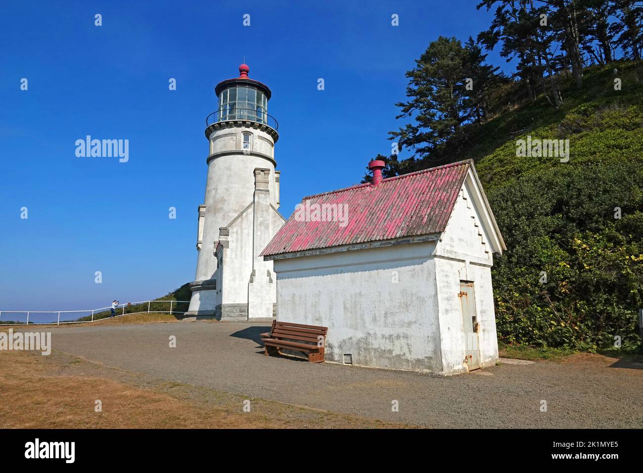 A portrait of Heceta Head Lighthouse, near Florence, Oregon on the Oregon Pacific Coast. Stock Photo