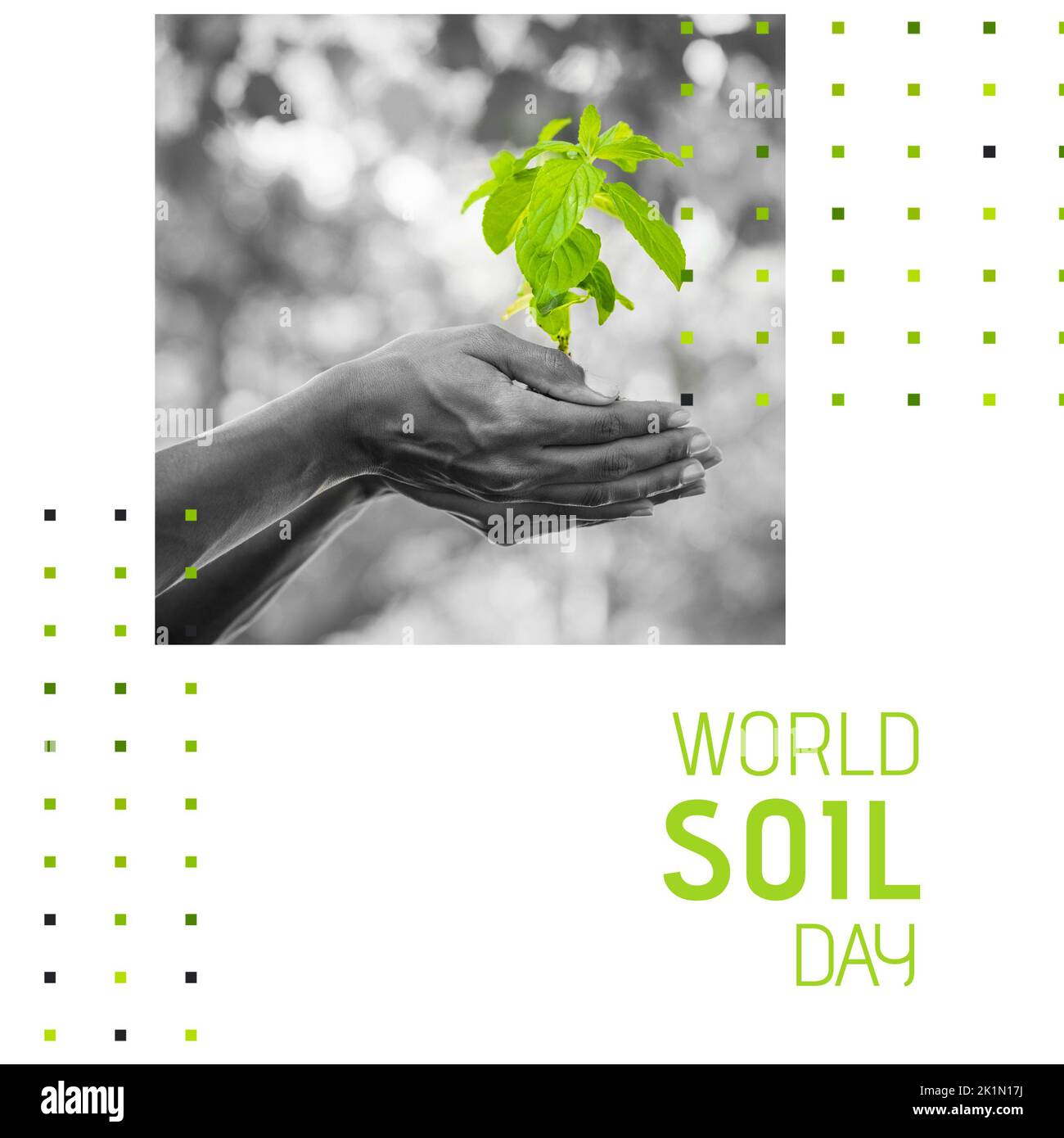 Composite of cropped hands of caucasian woman holding fresh plant with world soil day text Stock Photo