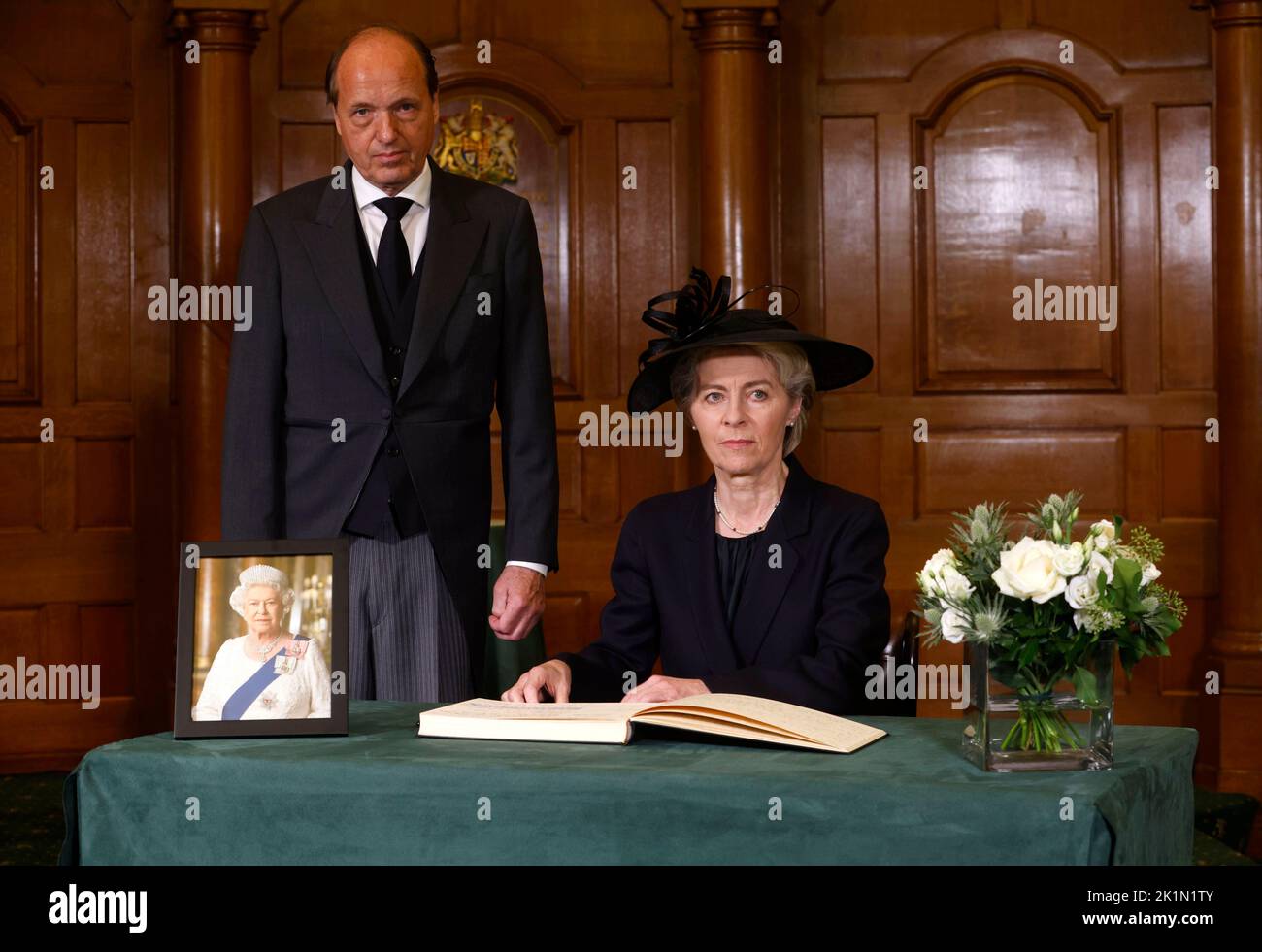 President of the European Commission Ursula von der Leyen, and husband Heiko, sign a book of condolence at Church House in London, following the death of Queen Elizabeth II. Picture date: Monday September 19, 2022. Stock Photo
