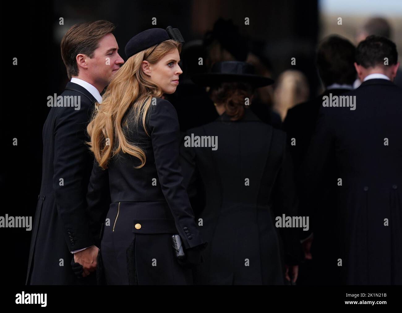 Edoardo Mapelli Mozzi and Princess Beatrice arrive for the Committal Service for Queen Elizabeth II held at St George's Chapel in Windsor Castle, Berkshire. Picture date: Monday September 19, 2022. Stock Photo