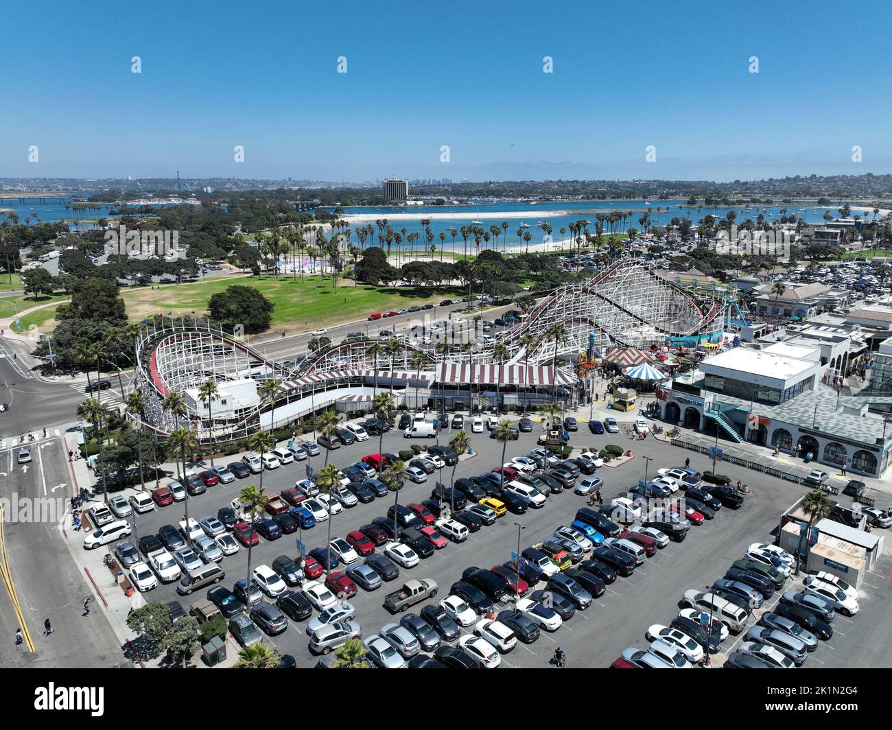 Aerial view of Belmont Park, an amusement park built in 1925 on the Mission Beach boardwalk, San Diego, California, USA. August 22nd, 2022 Stock Photo