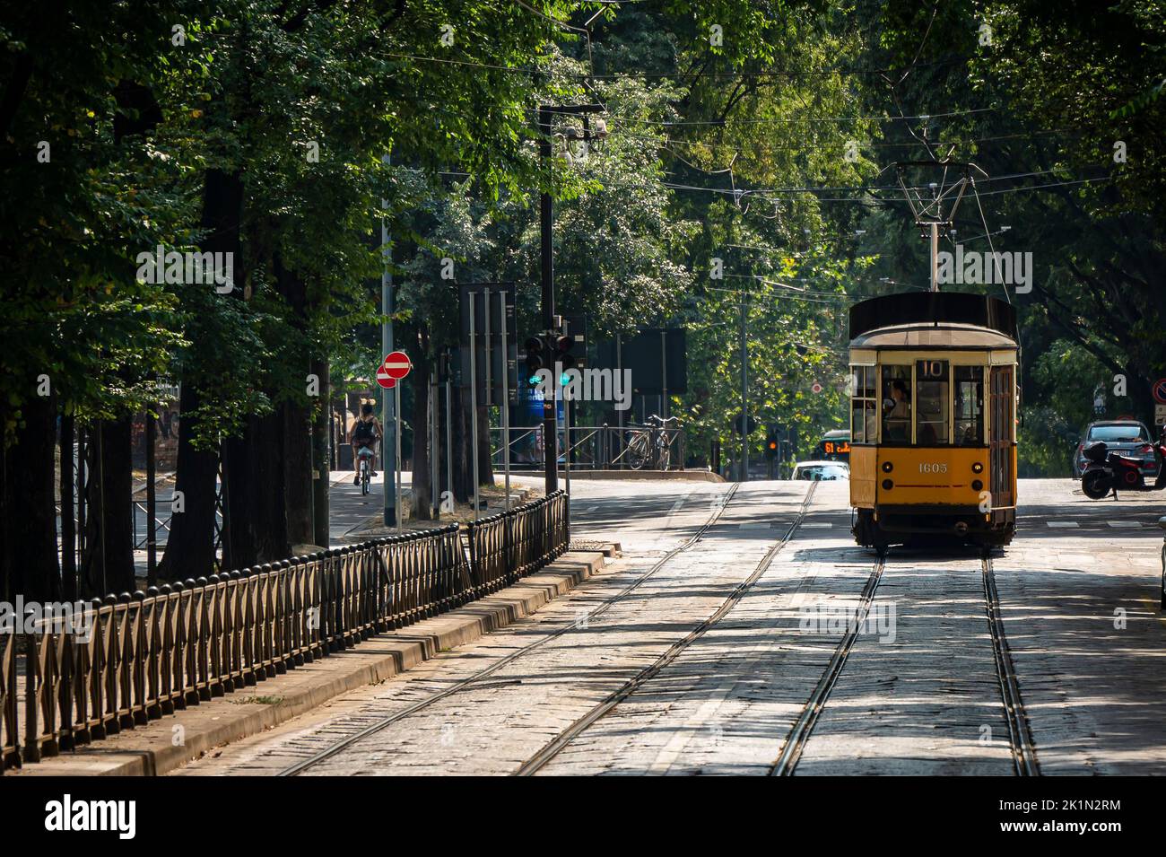 Old tram in the streets of Milan Stock Photo