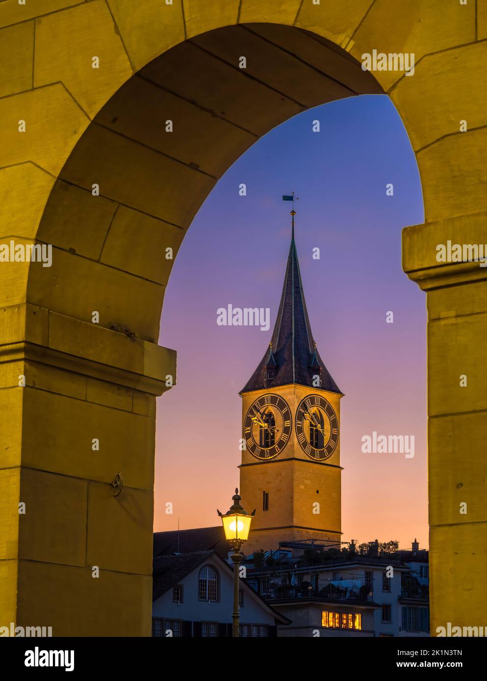 Clock tower of St. Peter Church, Zurich, Switzerland.The clock face has