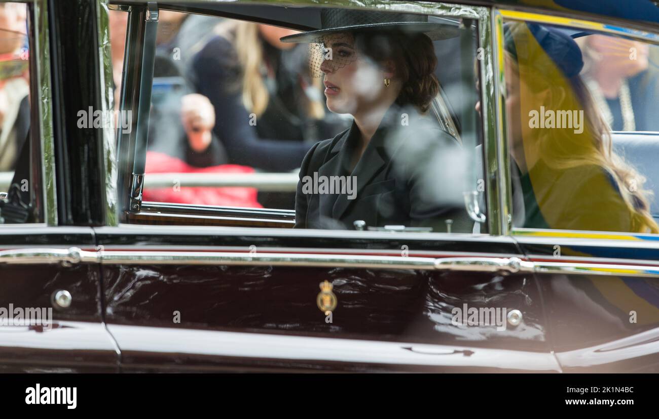 London UK 19th September 2022 Princess Eugenie and Princess Beatrice driven as they follow the coffin of Queen Elizabeth ll during the funeral Stock Photo