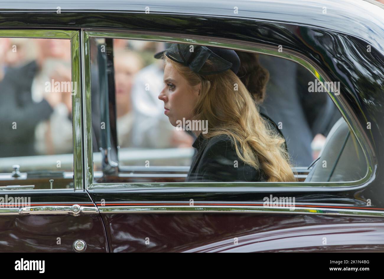 London UK 19th September 2022  Princess Beatrice and Princess Eugenie  driven as they follow the coffin of Queen Elizabeth ll during the funeral Stock Photo
