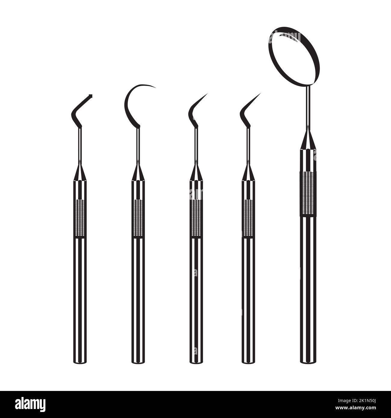 Dental tools black silhouettes. Dentist instrument mouth mirror