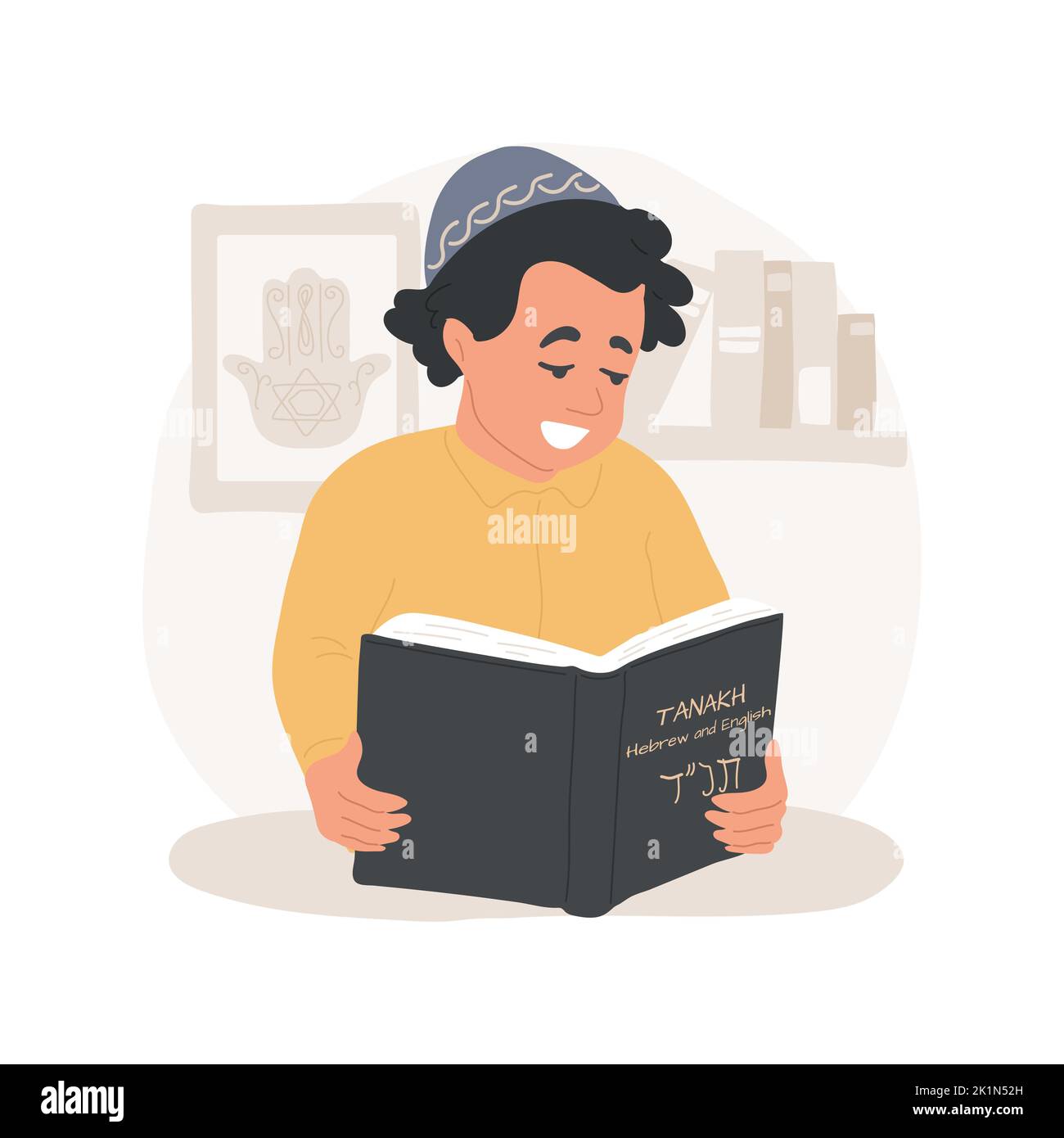 Talmud Torah school isolated cartoon vector illustration. Jewish education, Talmud Torah texts, Hebrew bilingual school program, wearing a skullcap, teaching children Tanach vector cartoon. Stock Vector