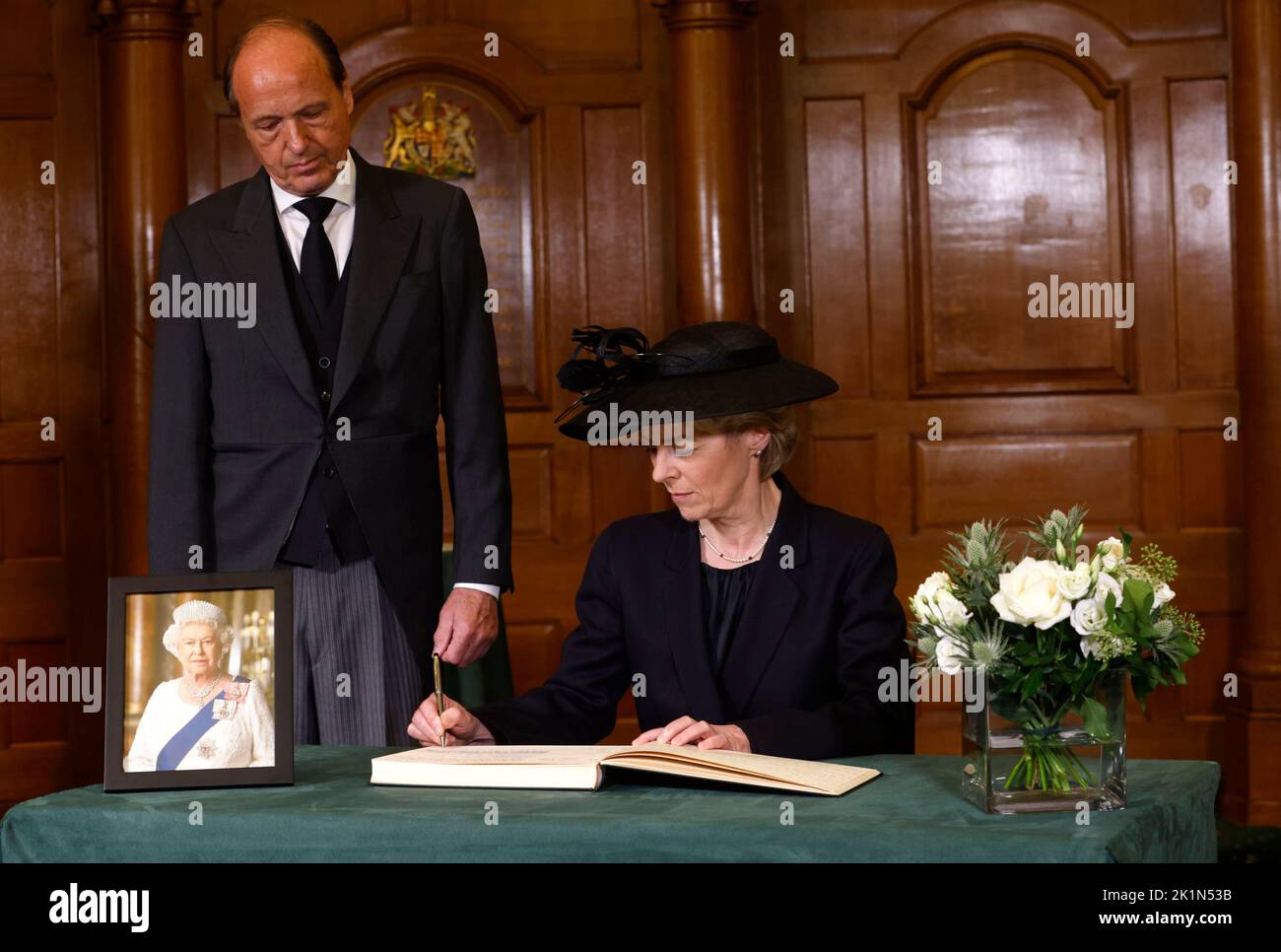 President of the European Commission Ursula von der Leyen, and husband Heiko, sign a book of condolence at Church House in London, following the death of Queen Elizabeth II. Picture date: Monday September 19, 2022. Stock Photo