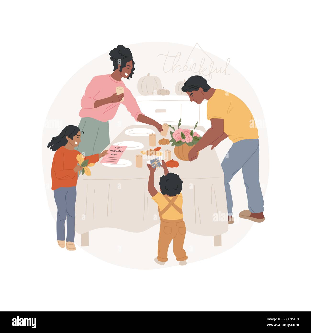 Table decoration isolated cartoon vector illustration. Family preparing for Thanksgiving Day celebration, putting crafts, small presents, cards, candles on the table vector cartoon. Stock Vector
