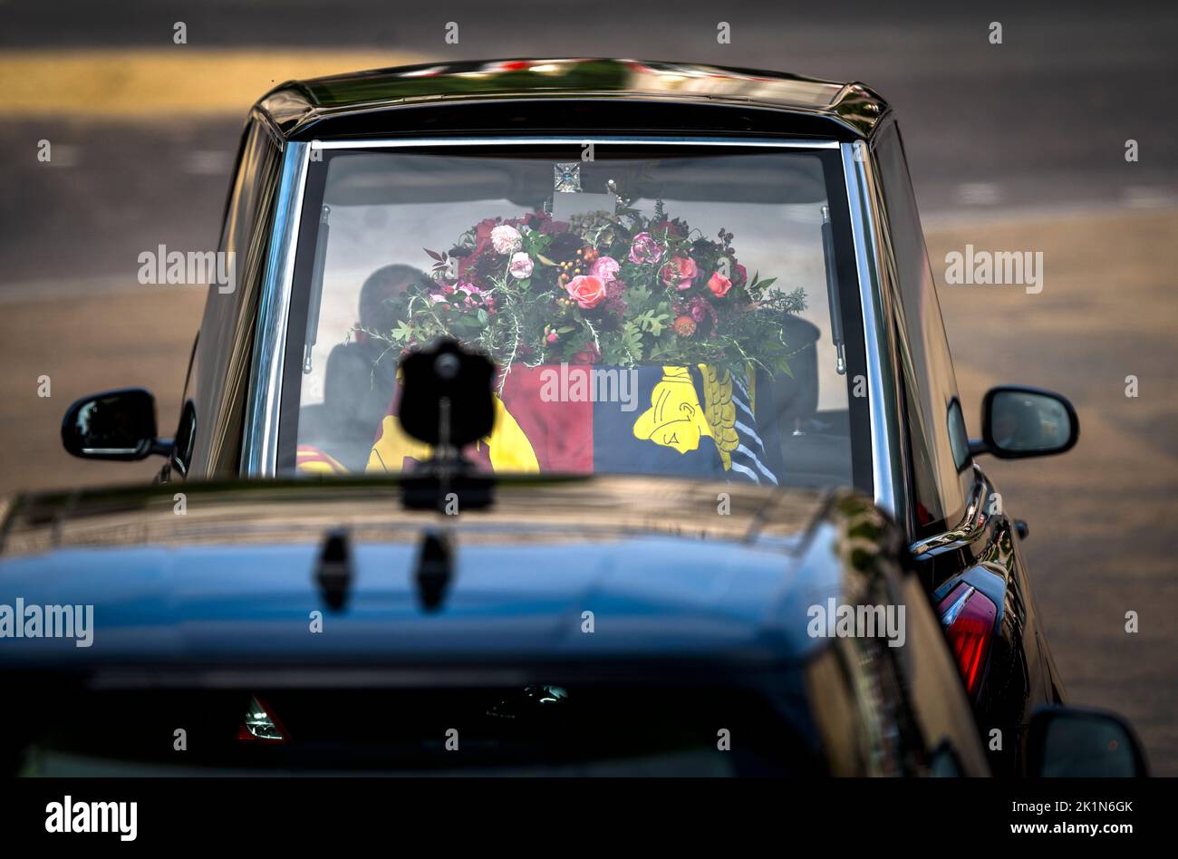 The State Gun Carriage carrying the coffin of Queen Elizabeth II leaves