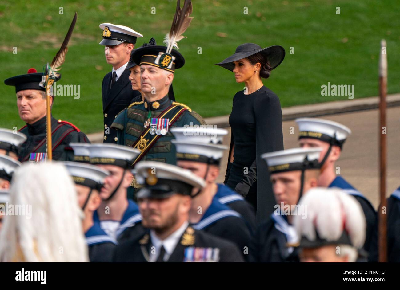 The Duchess of Sussex looks on as the State Gun Carriage carrying the coffin of Queen Elizabeth II arrives at Wellington Arch during the Ceremonial Procession following her State Funeral at Westminster Abbey, London. Stock Photo