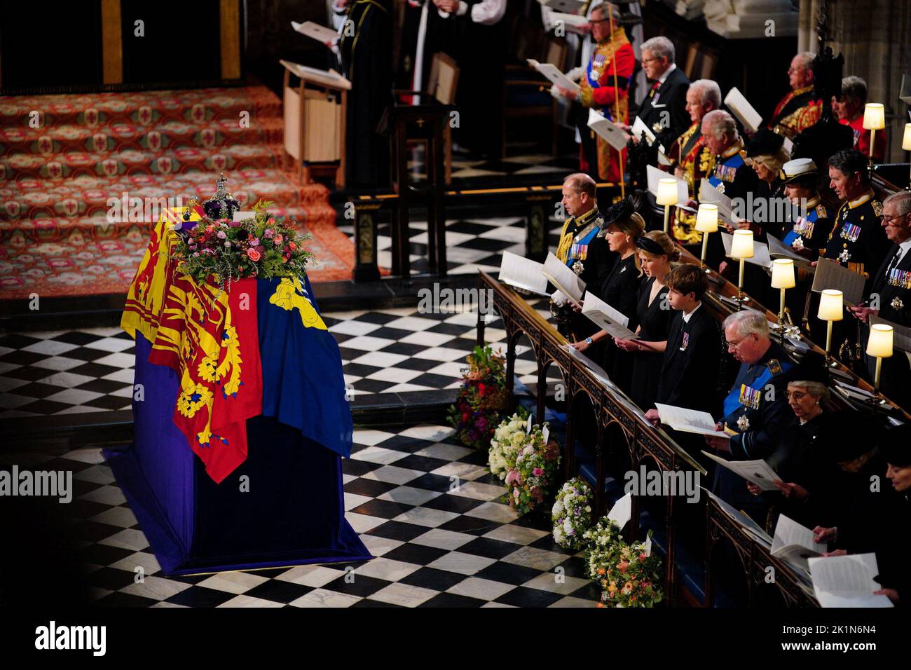 Members of the royal family: the Earl of Wessex, the Countess of Wessex, Lady Louise Windsor, James, Viscount Severn, the Duke of Gloucester, the Duchess of Gloucester, Princess Alexandra, Princess Michael of Kent, King Charles III, the Queen Consort, the Princess Royal, Vice Admiral Sir Tim Laurence, the Duke of York, during the Committal Service for Queen Elizabeth II at St George's Chapel in Windsor Castle, Berkshire. Picture date: Monday September 19, 2022. Ben Birchall/Pool via REUTERS Stock Photo