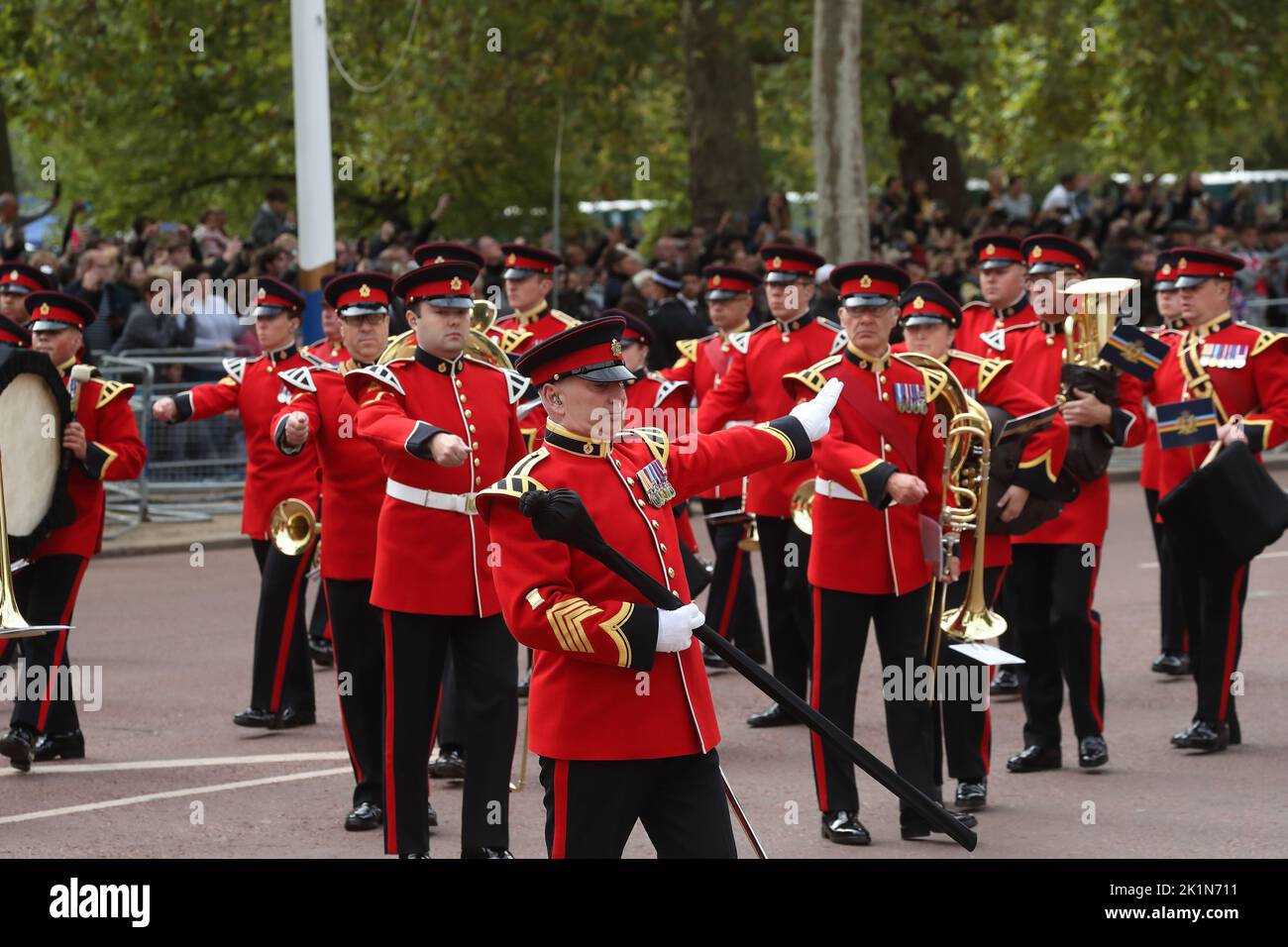 London, UK. 19th Sep, 2022. British and Commonwealth military representations followed the courtege of Queen Elizabeth II. A military marching band on The Mall. Credit: Uwe Deffner/Alamy Live News Stock Photo