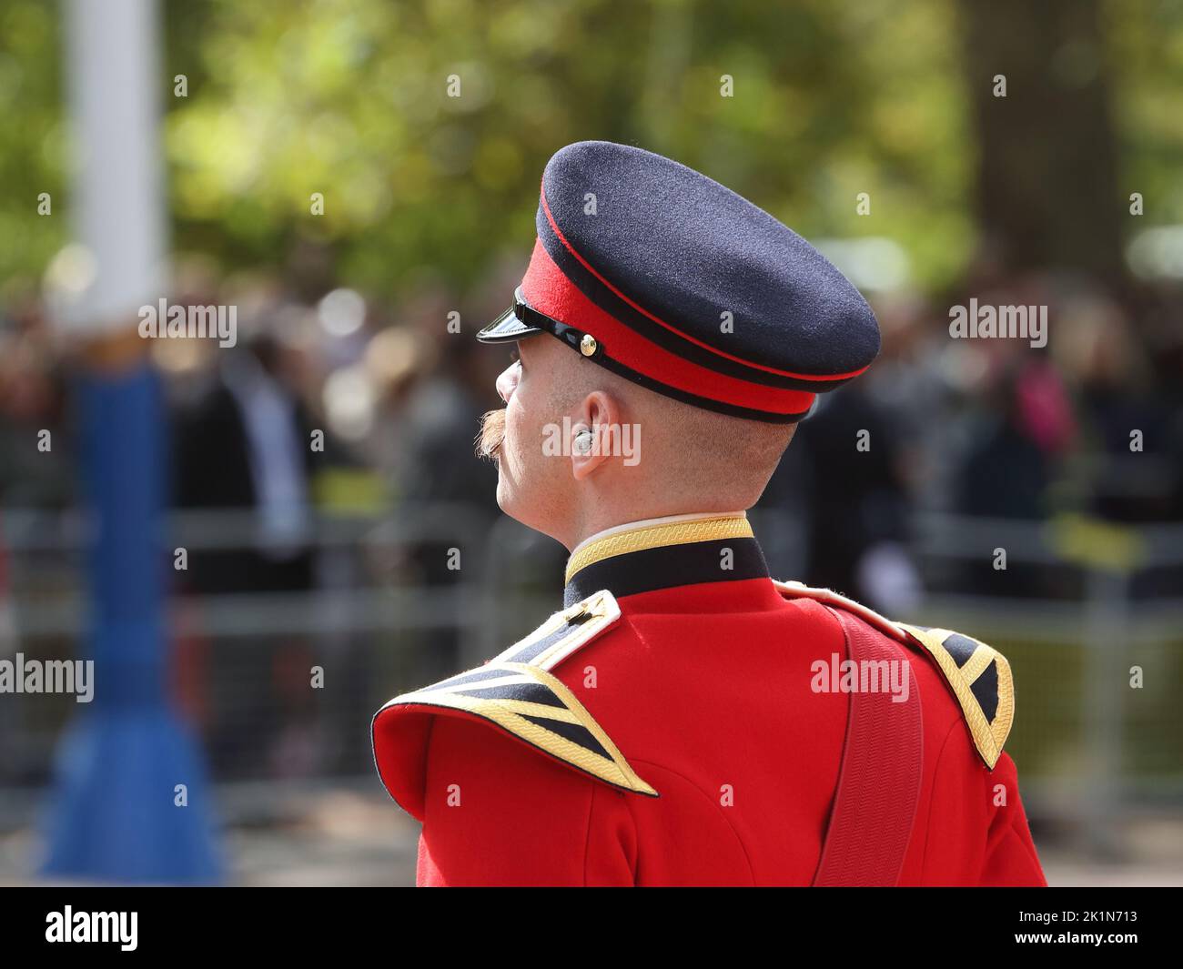 London, UK. 19th Sep, 2022. British and Commonwealth military representations followed the courtege. A in traditional uniform soldier stands to attention.  Credit: Uwe Deffner/Alamy Live News Stock Photo