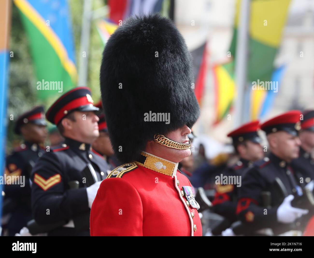 London, UK. 19th Sep, 2022. British and Commonwealth military representations followed the courtege of Queen Elizabeth II. A soldier wearing a bearskin on The Mall. Credit: Uwe Deffner/Alamy Live News Stock Photo