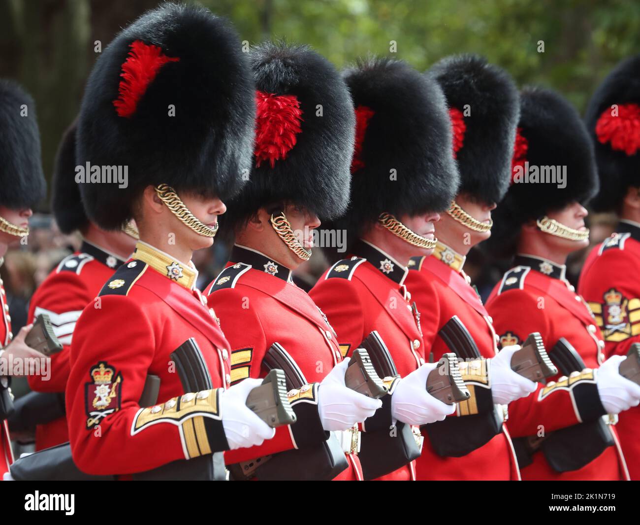 London, UK. 19th Sep, 2022. British and Commonwealth military representations followed the courtege of Queen Elizabeth II. Soldiers wearing bearskins on The Mall. Credit: Uwe Deffner/Alamy Live News Stock Photo