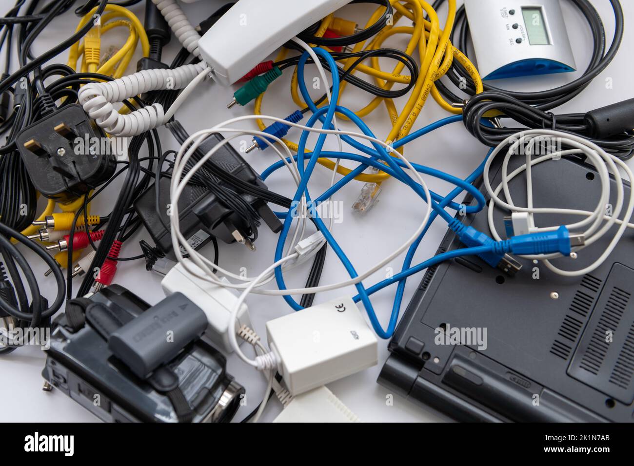 A heap of outdated consumer electronic equipment for waste disposal. Stock Photo