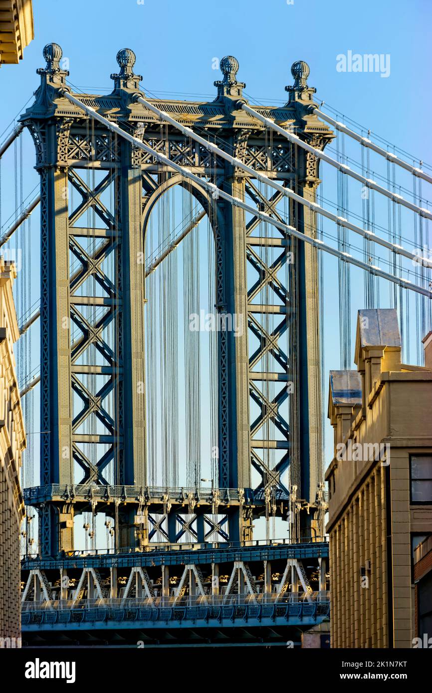 Tower of Manhattan Bridge looking from Brooklyn Stock Photo