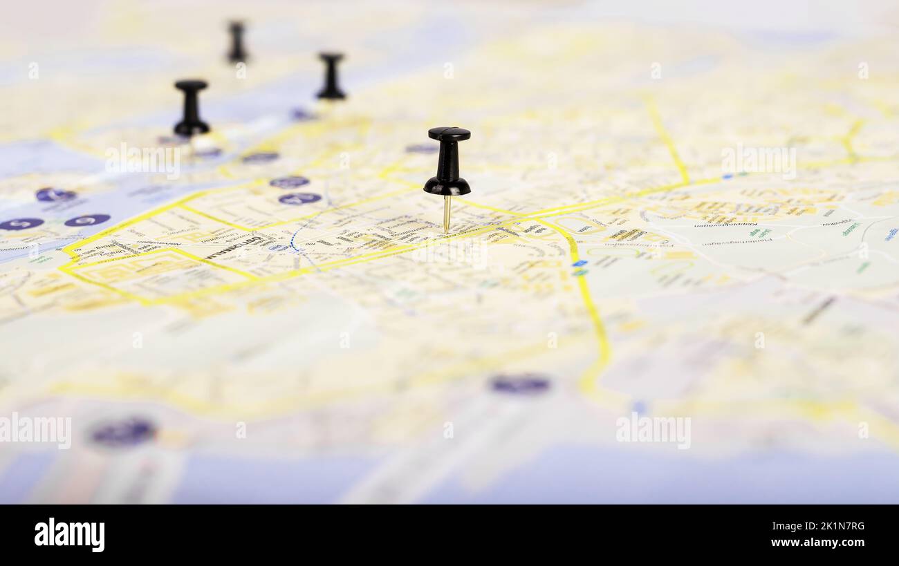 Pins on map. Travel itinerary planning. Trip tour organization or