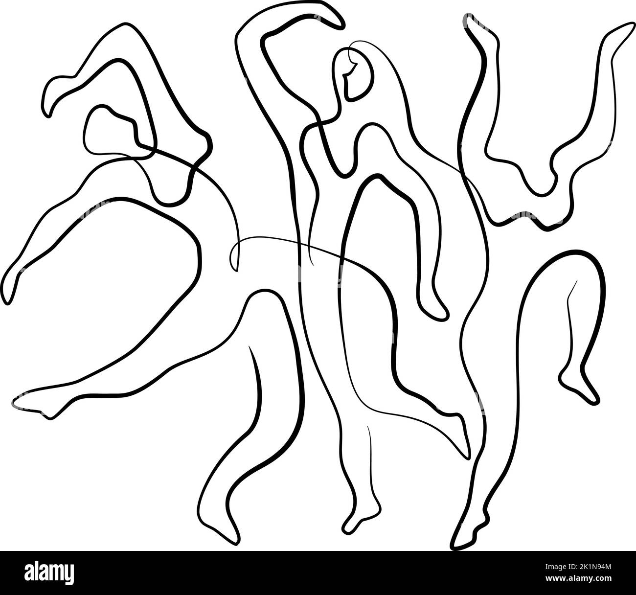 Three dancers based on drawing by Picasso. Black and white illustration of dancing figures. Continuous One line art drawing style. Vector illustration Stock Vector