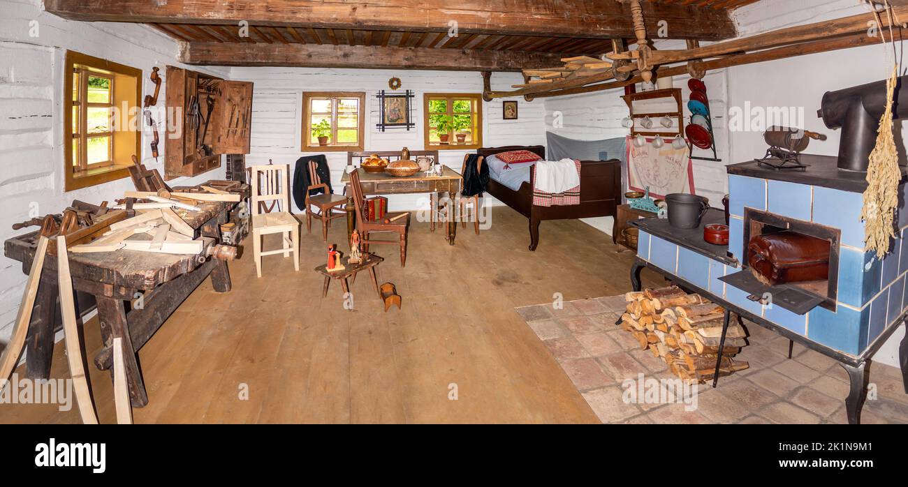 traditional historical living room interior in a timbered cottage from the 19th century in central europe Stock Photo