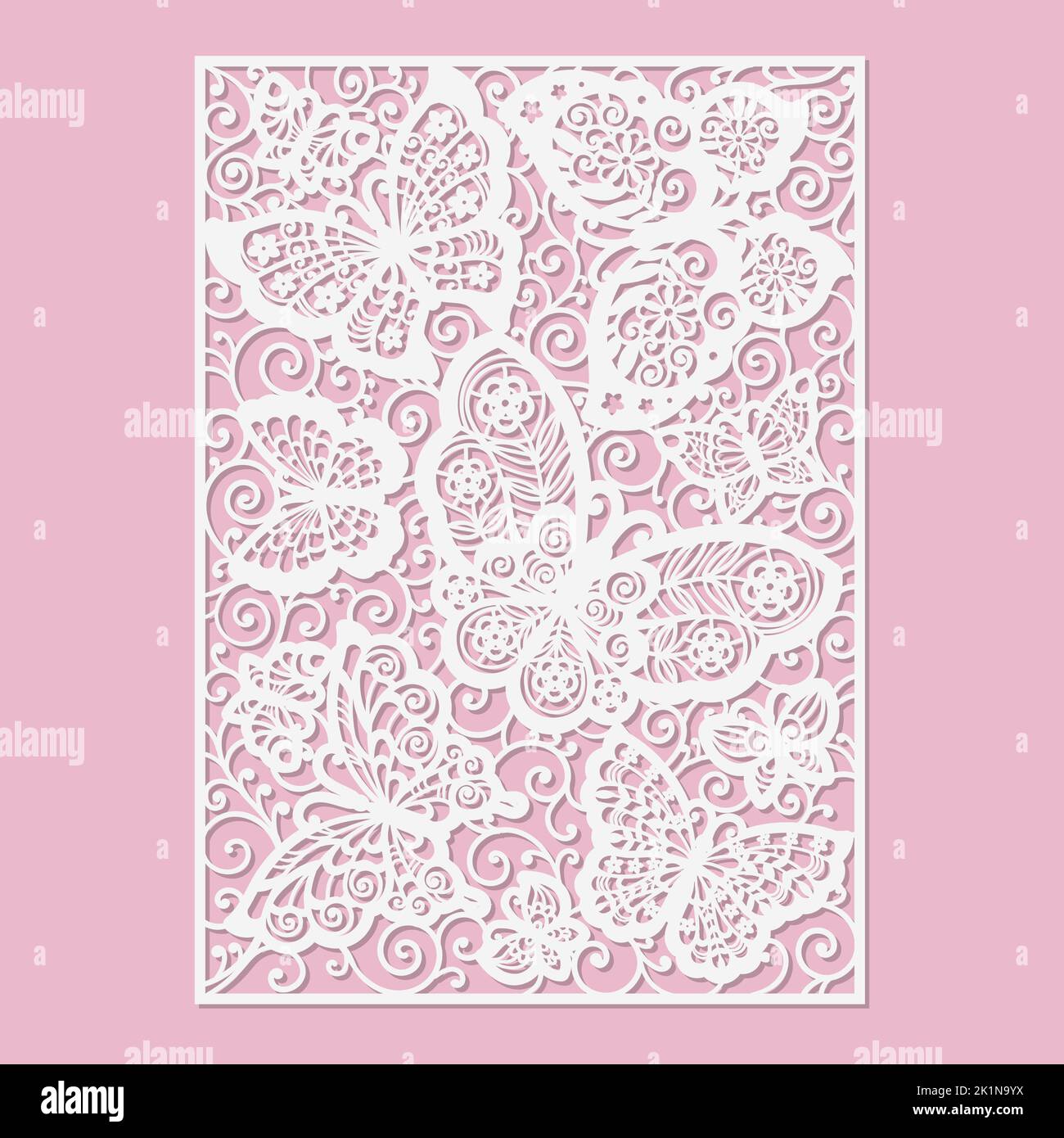 Template for laser cutting of paper, cardboard, wood, metal. Lace panel with butterflies. For the design of postcards, decorative interior elements, s Stock Vector