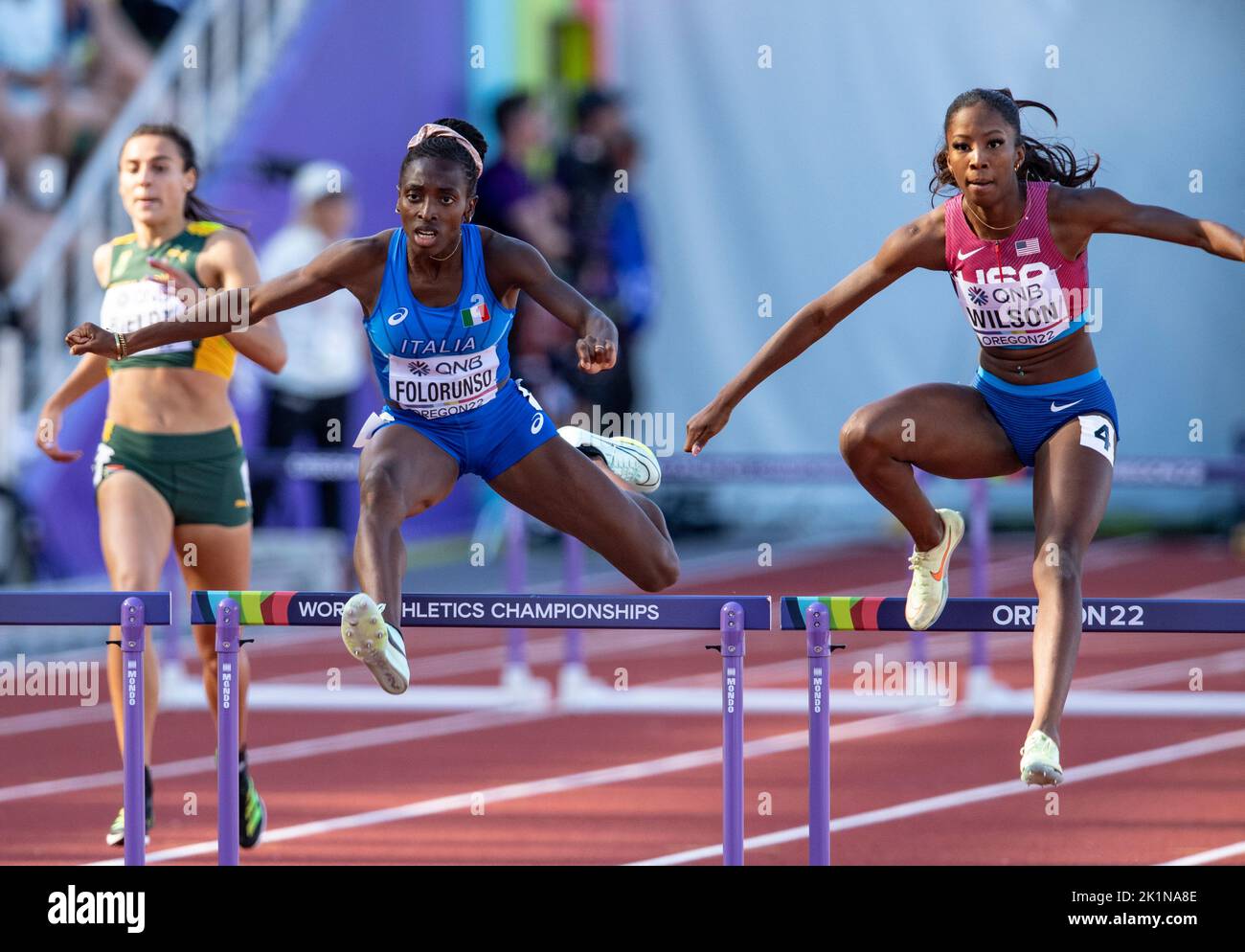 Ayomide Folorunso of Italy and Britton Wilson of the USA competing in the women’s 400m hurdles at the World Athletics Championships, Hayward Field, Eu Stock Photo