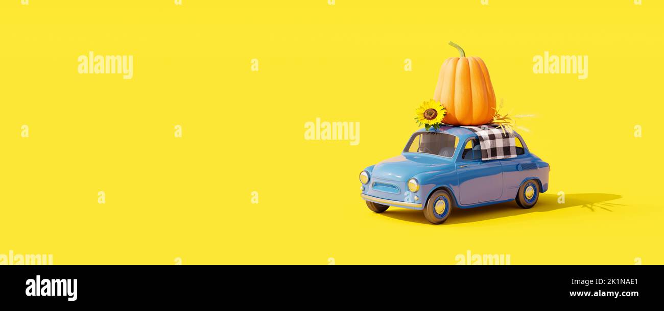 Thanksgiving day concept on yellow background. Blue car carrying big pumpkin with sunflower and wheat 3D Render 3D illustration Stock Photo