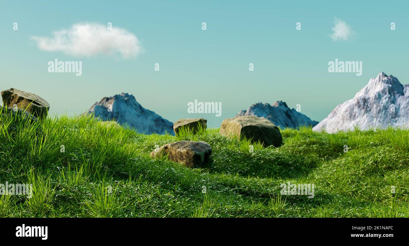 3d rendering of a sunny alpine meadow with lush grass and distant snowy mountains. Stock Photo