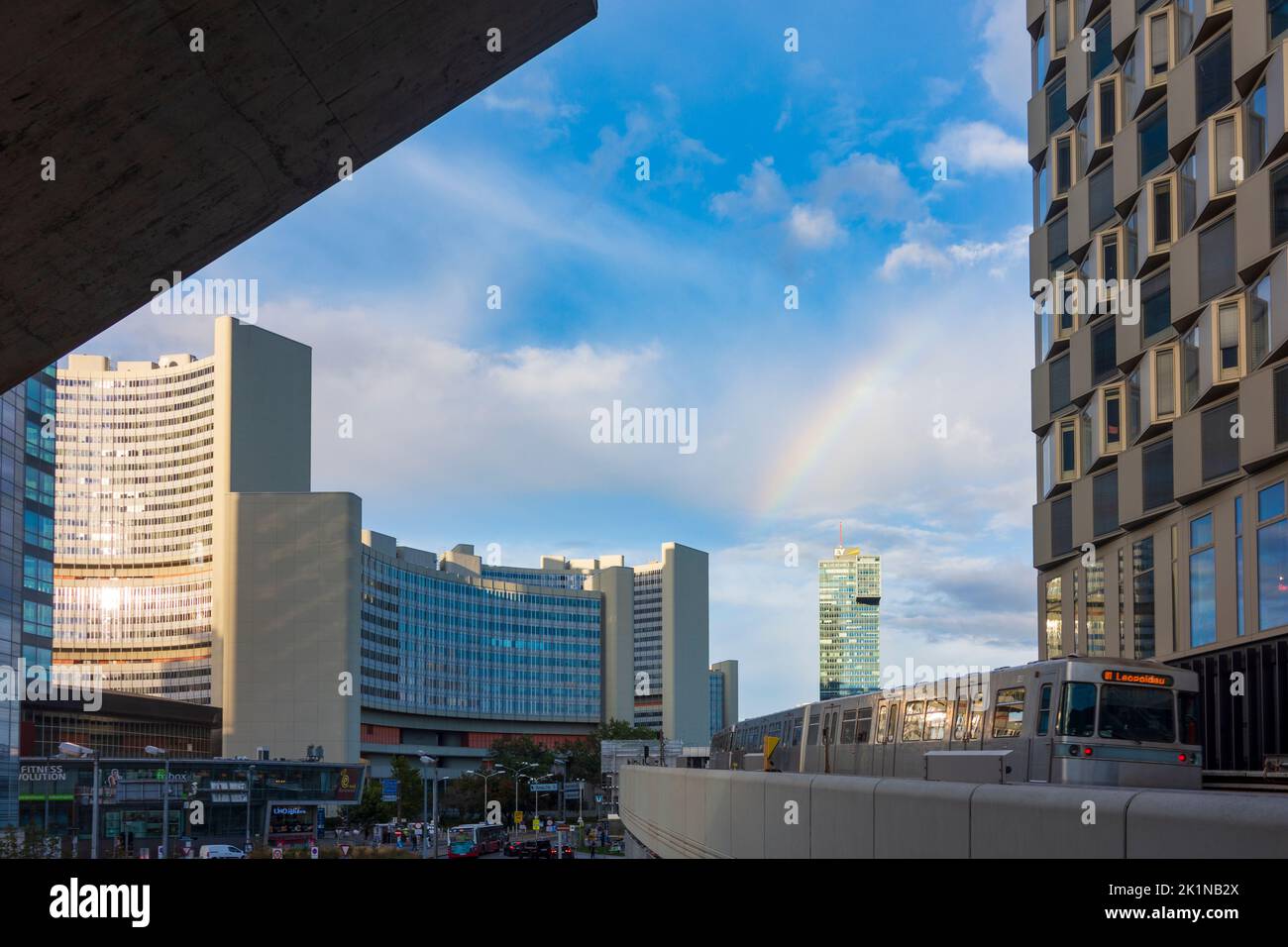 Wien, Vienna: United Nations UN building Vienna International Center (VIC), subway line U1, DC Tower 3, rainbow in 22. Donaustadt, Wien, Austria Stock Photo