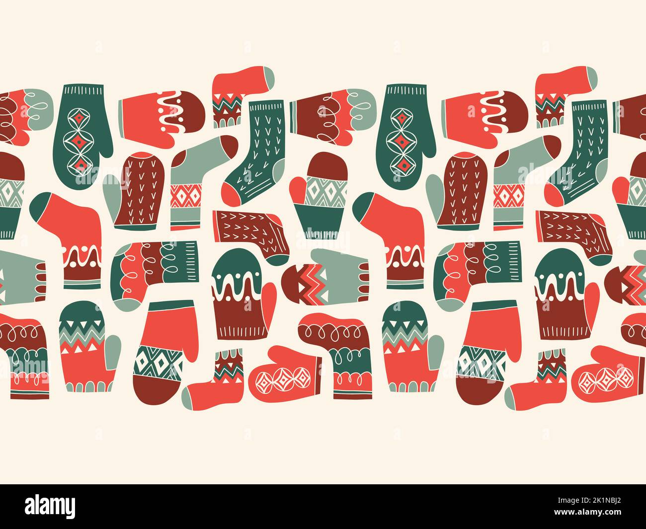 Colorful Retro Knitted Mittens and Socks Vector Seamless Pattern Horizontal Border Stock Vector