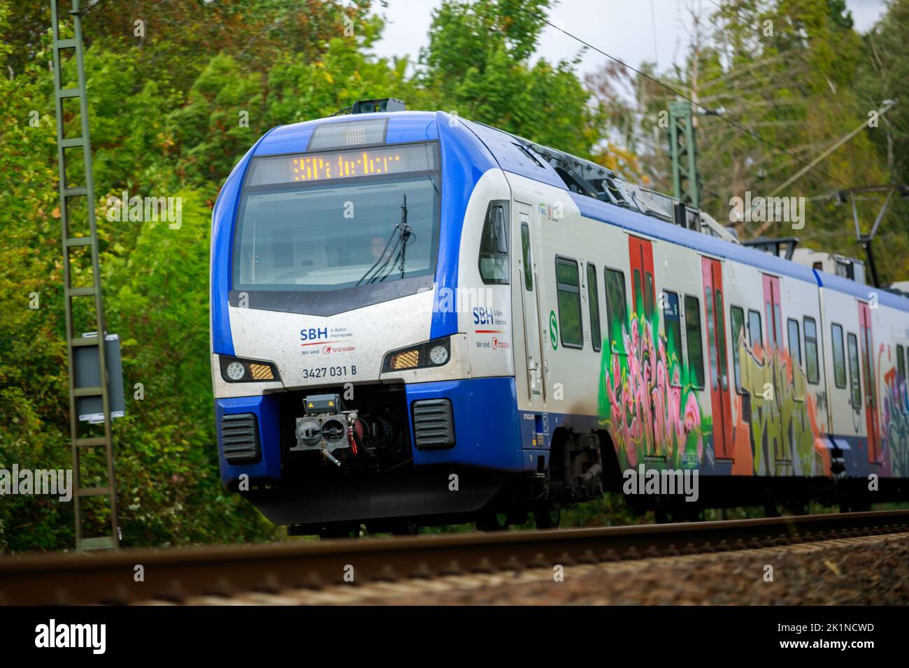 Hannover/Germany - September 17, 2022: Train from SBH, Transdev (S-Bahn Hannover) drives on railroad track in Hannover. Stock Photo