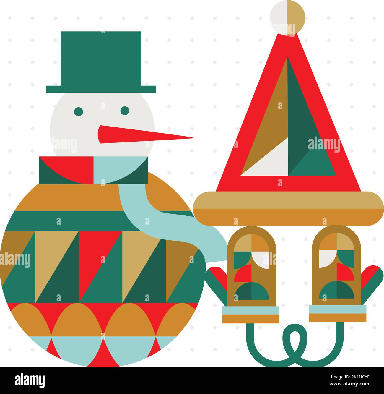 Poster Christmas snowman and gloves in cubism style drawing on light background Stock Vector