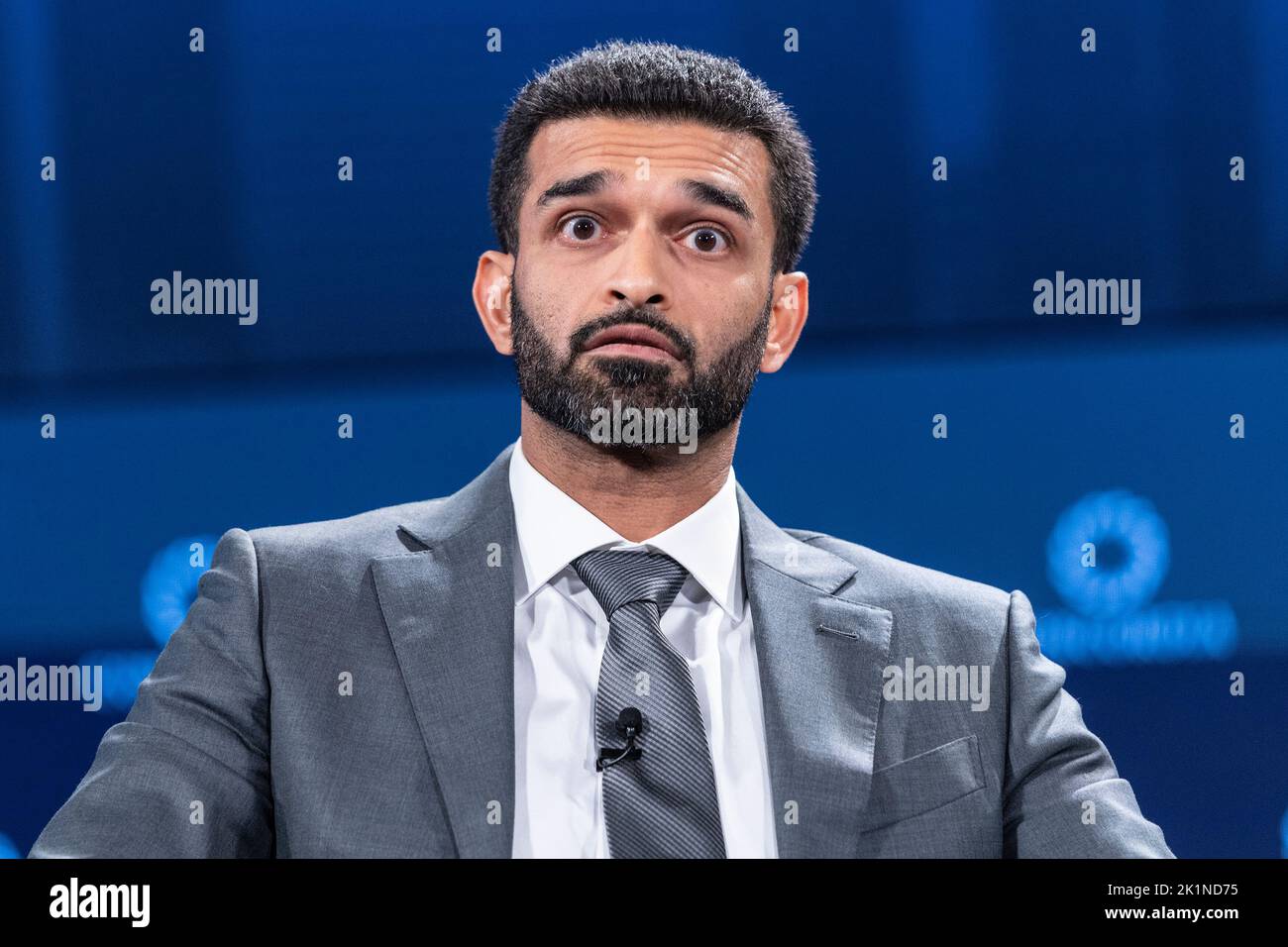 His Excellency Secretary General of the Supreme Committee for Delivery and Legacy Hassan Al THawadi in conversation with Reshmin Chowdhury at Concordia Summit at Sheraton Times Square in New York on September 19, 2022. (Photo by Lev Radin/Sipa USA) Stock Photo