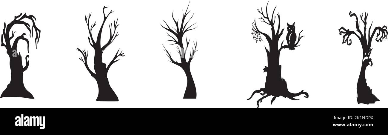 Collection of 5 gloomy halloween trees on white background - Vector illustration Stock Vector