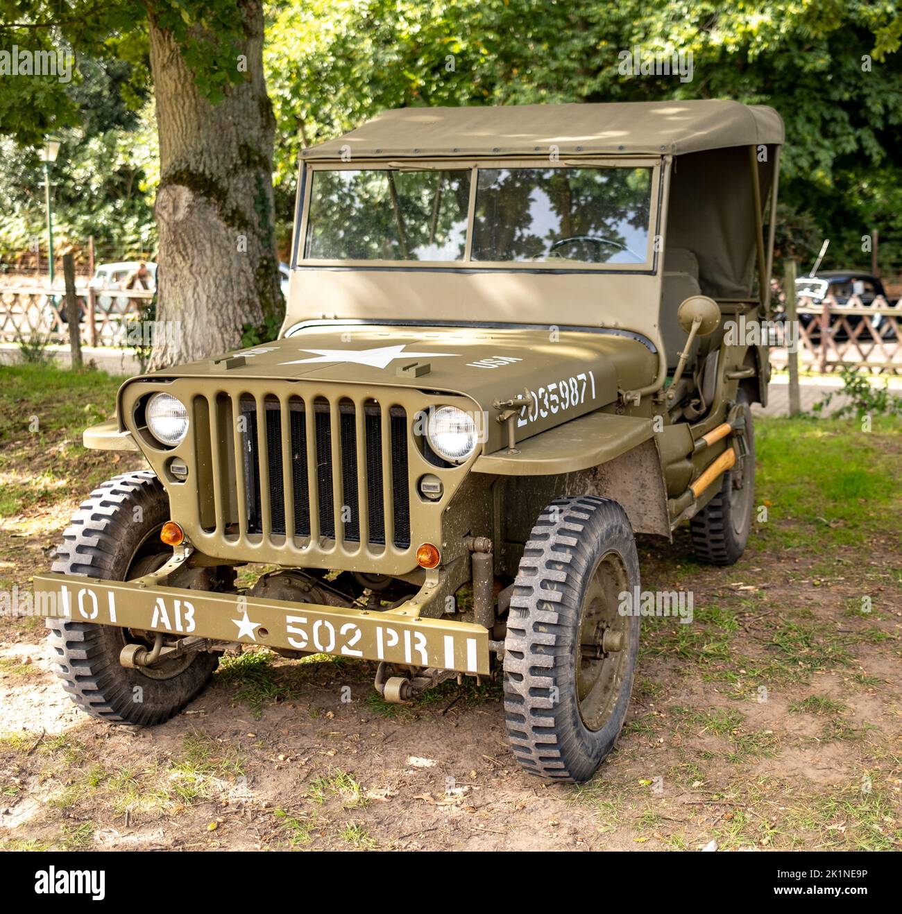 46. Front on view of an exUS military jeep or off road vehicle on