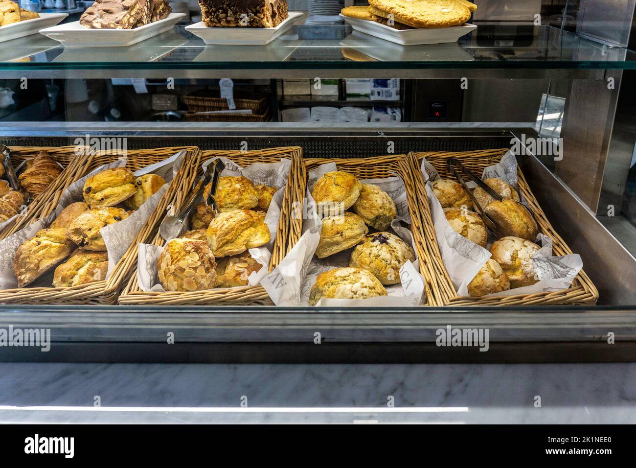 Fresh scones, croissants and cakes in the Avoca Store in Kilmacanoge, Wicklow, Ireland. Stock Photo