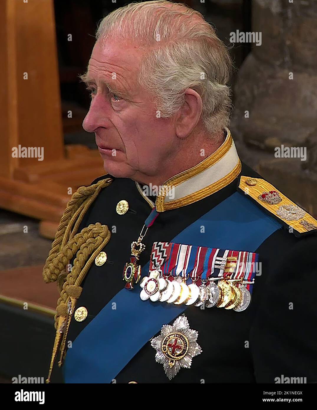 Queen’s State Funeral 19.9.22 Westminster Abbey  Tears of the Crown King Charles tear in his eye as the National Anthem is sung  Picture by Pixel8000 Stock Photo