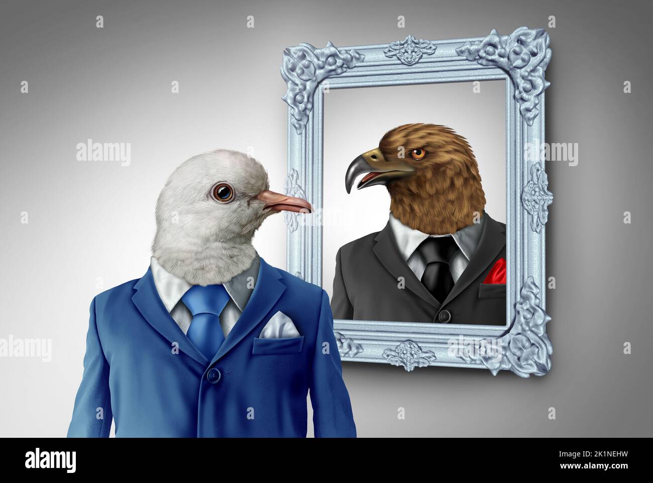 Self Confidence and personal growth business concept as a passive friendly dove character casting a reflection in a mirror of an aggressive bird of pr Stock Photo