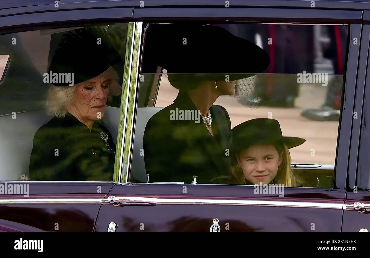 Queen’s State Funeral 19.9.22 Procession to  Wellington Arch found  Princess Charlotte in the car with mum Kate and Camilla Queen sad    Picture by Pi Stock Photo