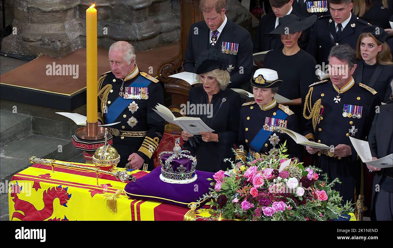 Queen’s State Funeral 19.9.22Westminster Abbey Meghan with Harry behind Charles and Camilla  Royals   Picture by Pixel8000 Stock Photo