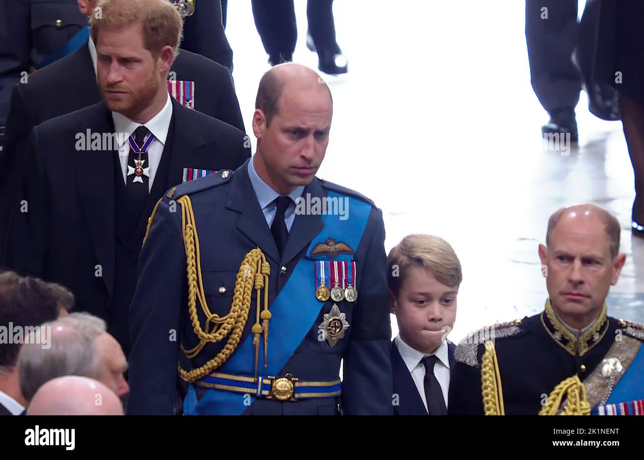 Queen’s State Funeral 19.9.22Westminster Abbey  Coffin arrives at Westminster Abbey  with Princes William Harry and George Picture by Pixel8000 Stock Photo