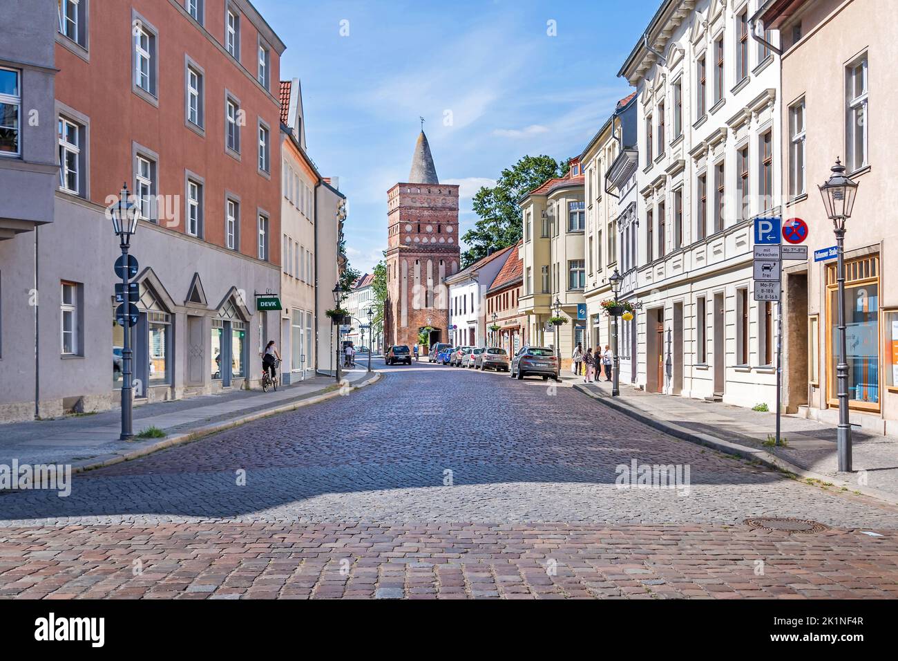 Brandenburg an der Havel, Germany - June 14, 2022: Rathenower street with the Rathenower Torturm - part of the medieval fortifications Stock Photo