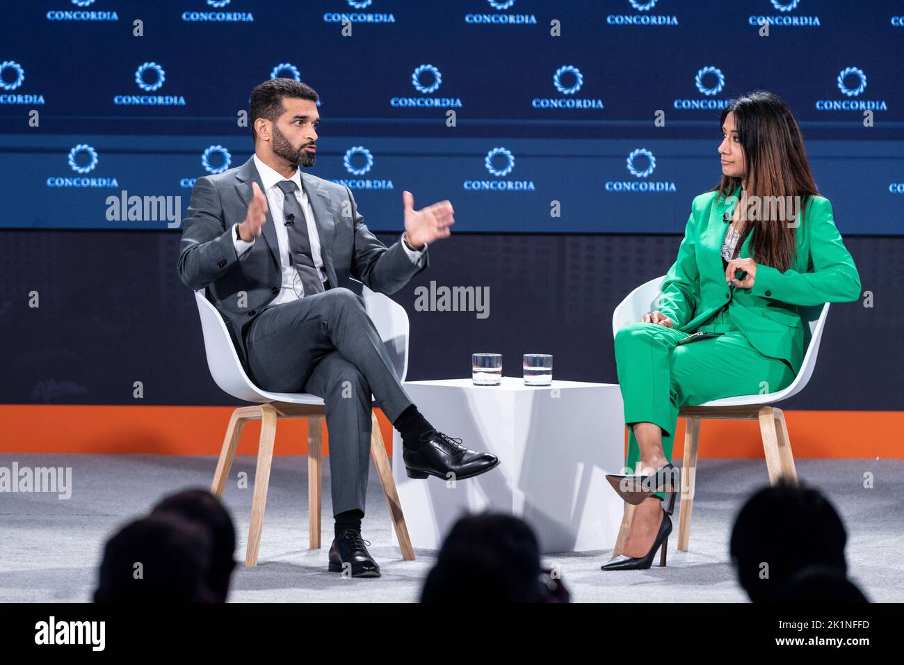New York, NY - September 19, 2022: His Excellency Hassan Al THawadi in conversation with Reshmin Chowdhury at Concordia Summit at Sheraton Times Square Stock Photo