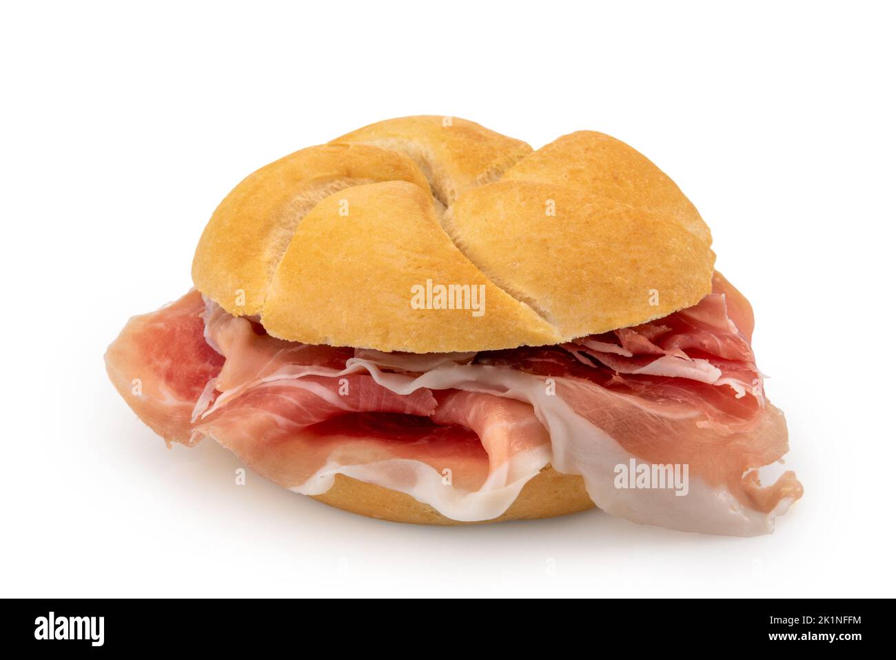Sandwich with Parma ham, typical bread loaf called rosetta isolated on white, clipping path Stock Photo