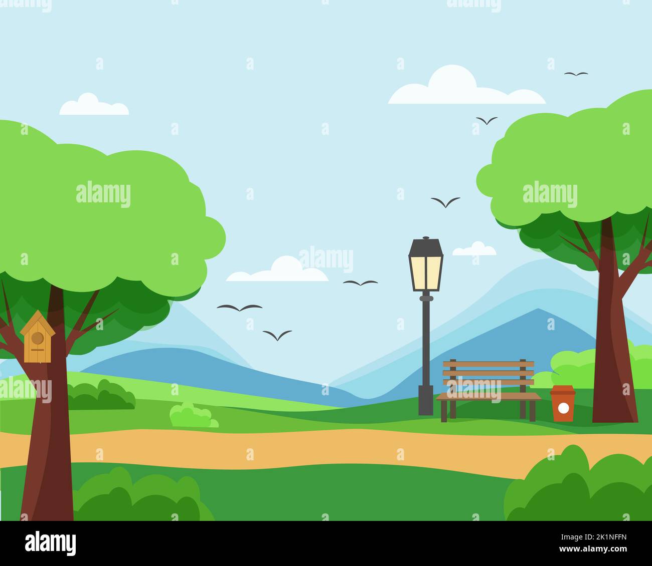 City park with trees, a bench and a lantern. Vector illustration Stock ...