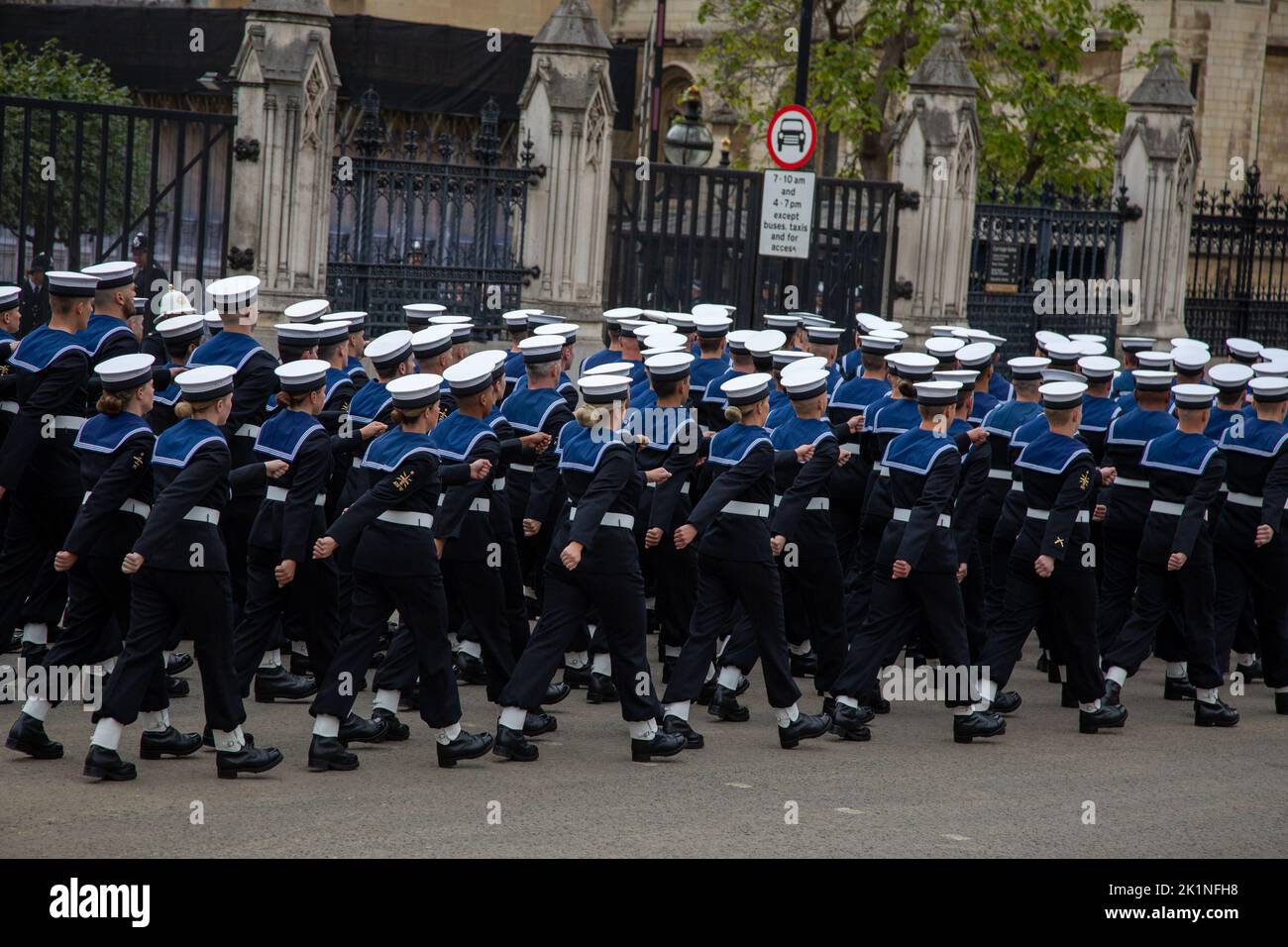London, England. 19th September, 2022. Members of the Royal Navy march past the Palace of Westminster in a procession for State Funeral of Queen Elizabeth II. The event was held in London and Windsor today and was one of the biggest the country has ever seen. Credit: Kiki Streitberger / Alamy Live News Stock Photo